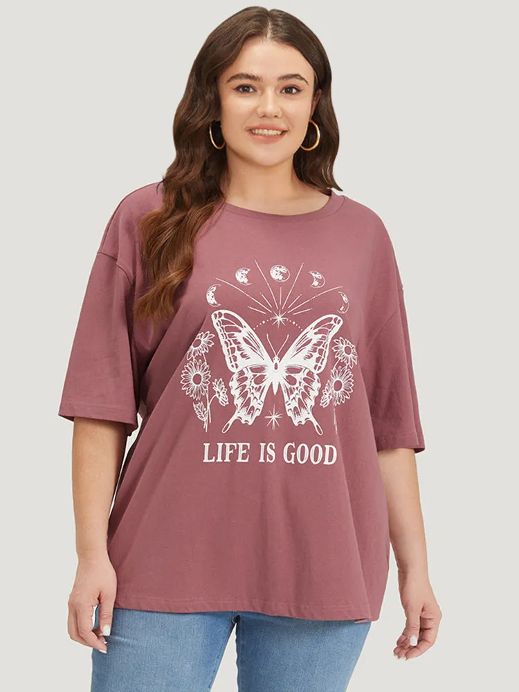 Butterfly & Moon Print Round Neck Drop Shoulder T-shirt sold by Bloomchic