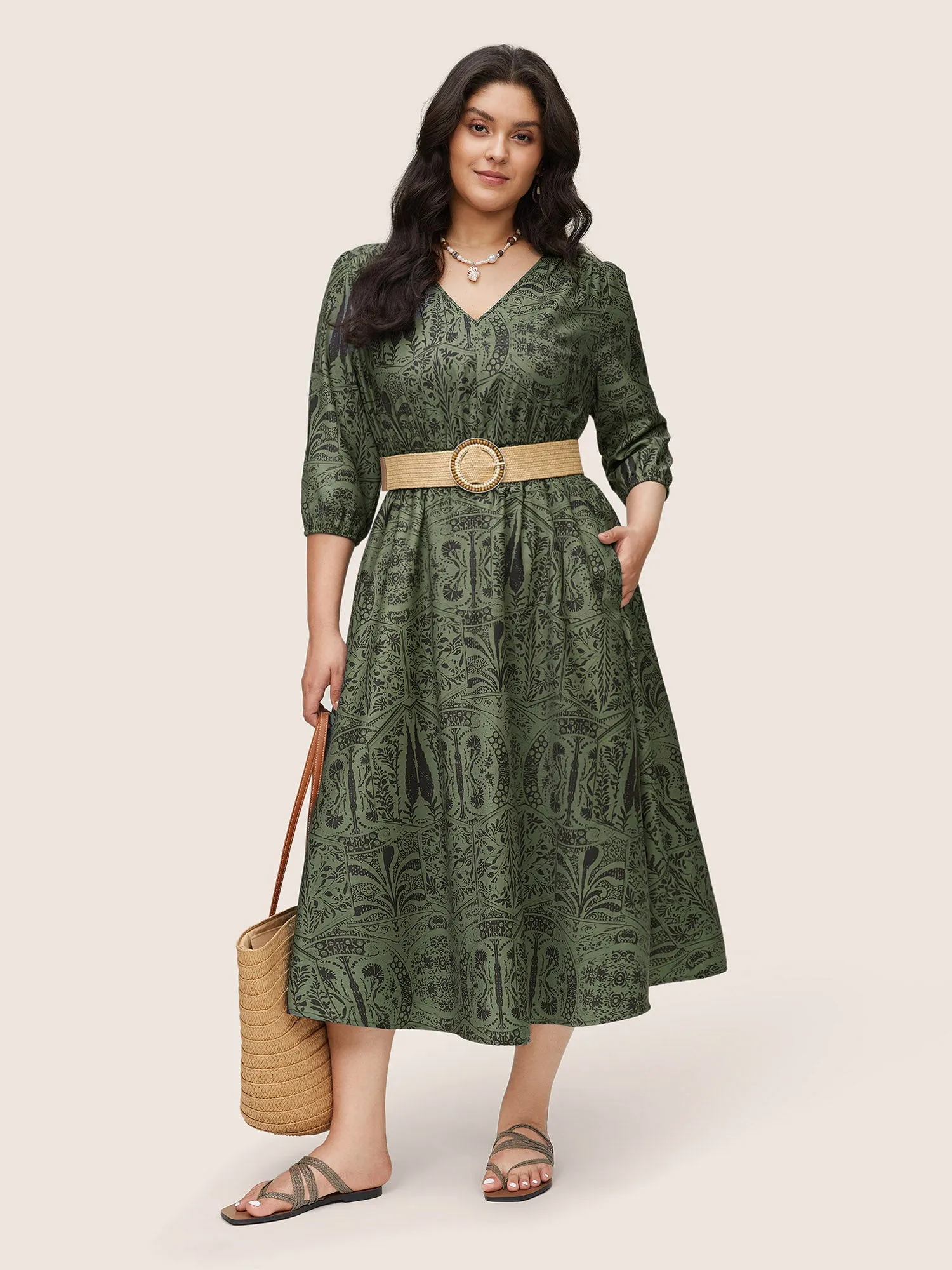 Paisley Print Shirred Lantern Sleeve Dress sold by Bloomchic