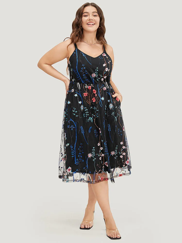 Floral Embroidered Mesh Ruffle Hem Pocket Cami Dress sold by Bloomchic product image thumbnail 4