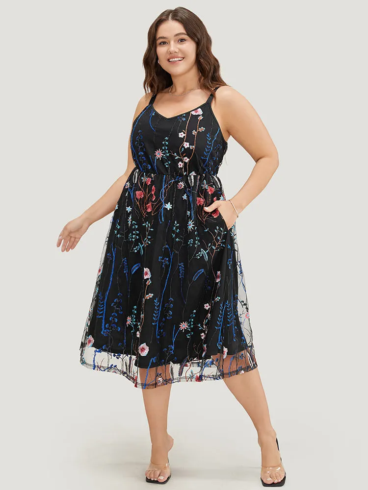 Floral Embroidered Mesh Ruffle Hem Pocket Cami Dress sold by Bloomchic product image thumbnail 2