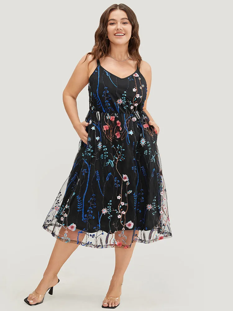 Floral Embroidered Mesh Ruffle Hem Pocket Cami Dress sold by Bloomchic