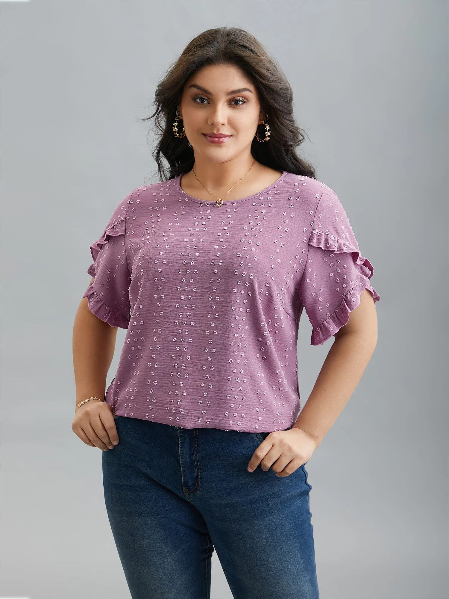 Textured Round Neck Ruffled Sleeve Shirt sold by Bloomchic product image thumbnail 4
