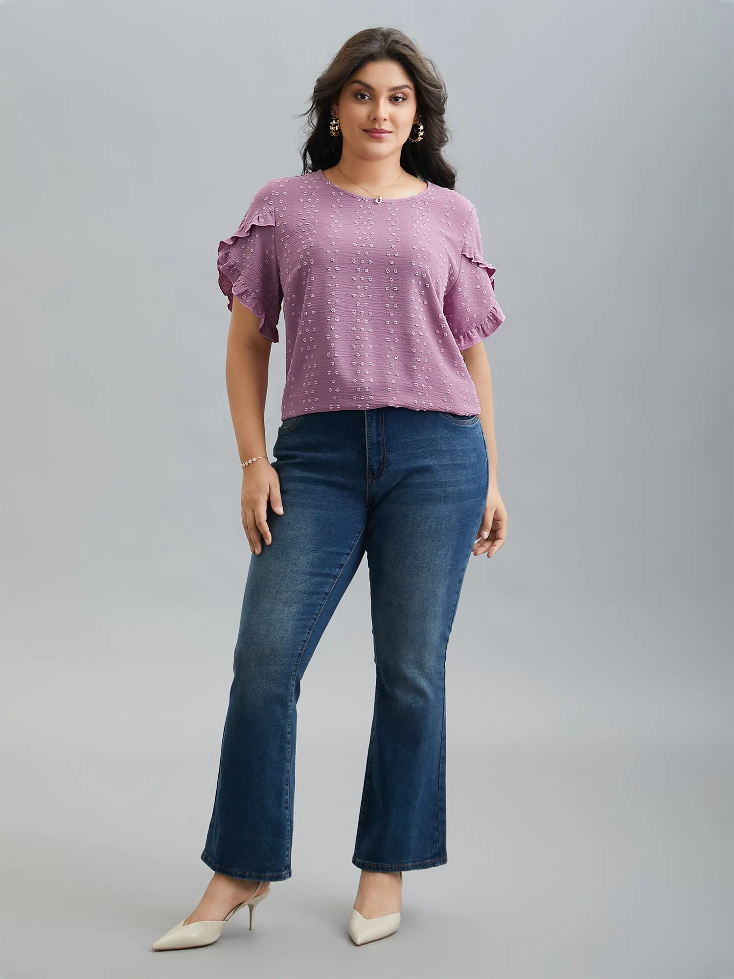 Textured Round Neck Ruffled Sleeve Shirt sold by Bloomchic product image thumbnail 2