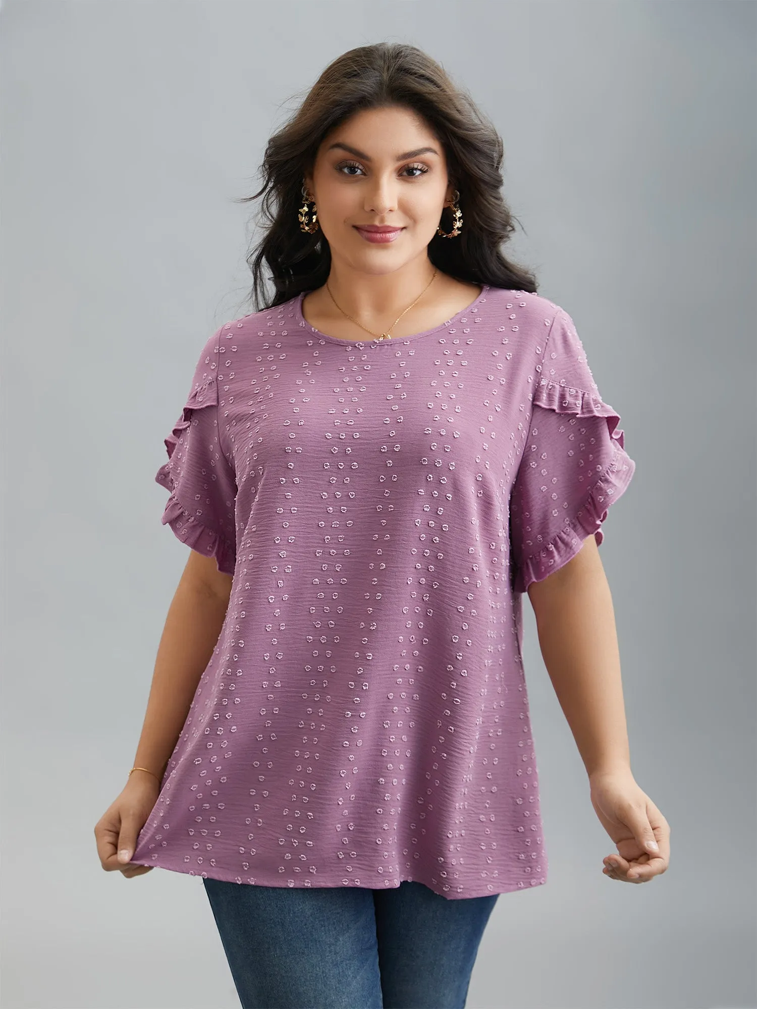 Textured Round Neck Ruffled Sleeve Shirt sold by Bloomchic product image thumbnail 3
