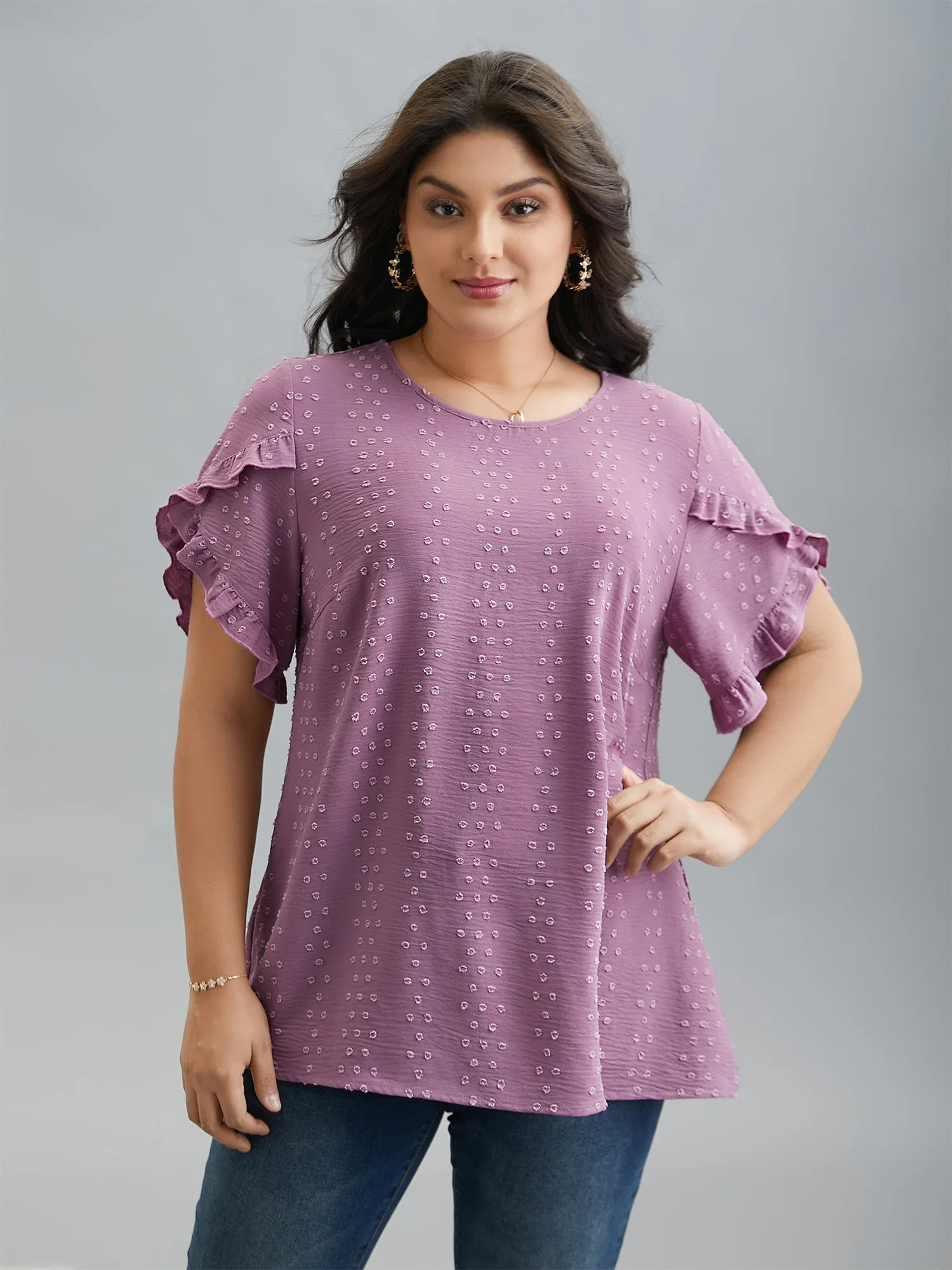 Textured Round Neck Ruffled Sleeve Shirt sold by Bloomchic