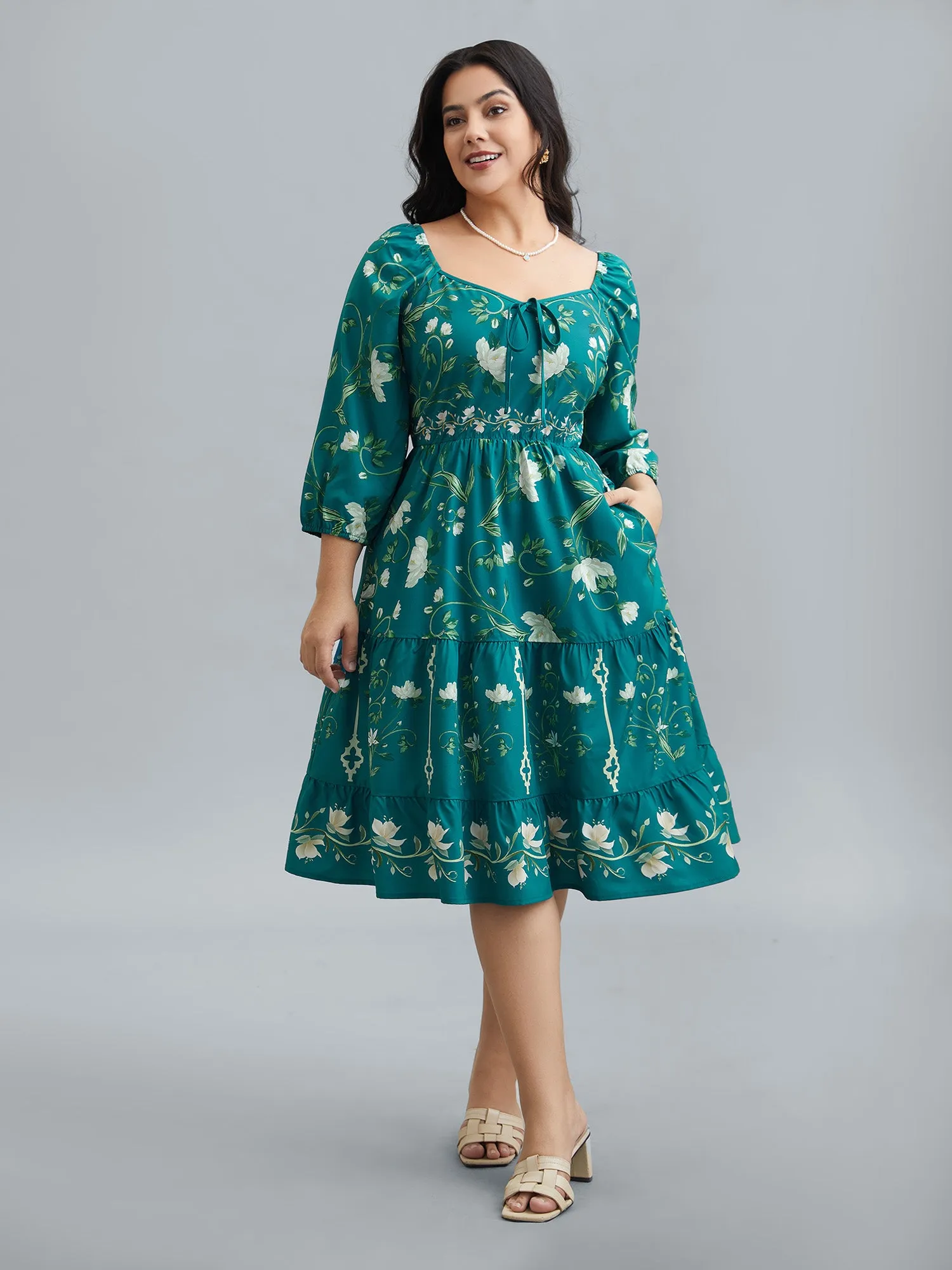 Floral Print Lantern Sleeve Tiered Midi Dress sold by Bloomchic product image thumbnail 4