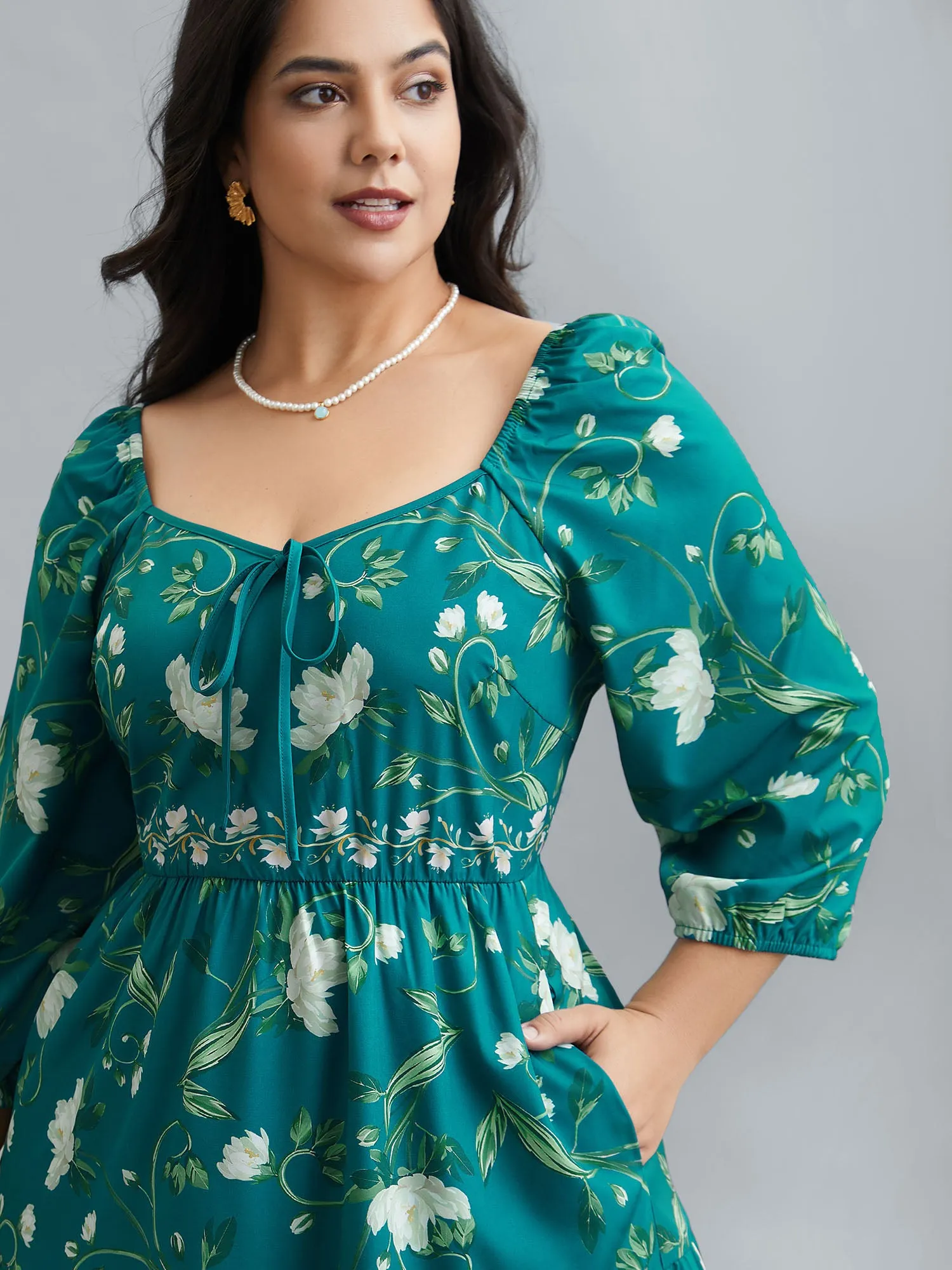 Floral Print Lantern Sleeve Tiered Midi Dress sold by Bloomchic product image thumbnail 2