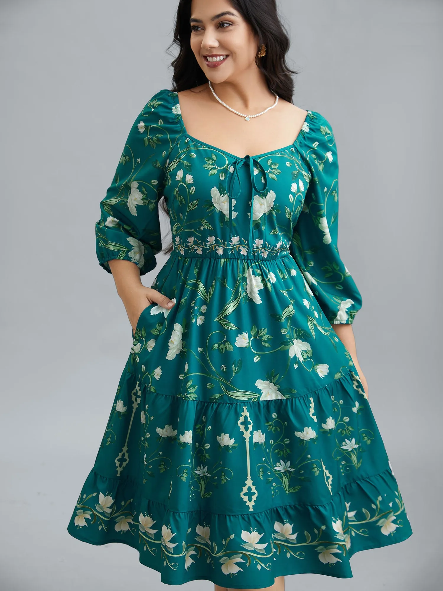 Floral Print Lantern Sleeve Tiered Midi Dress sold by Bloomchic