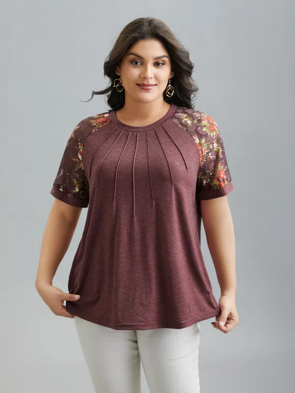 Floral Plicated Detail Heather Stretchy T-Shirt sold by Bloomchic