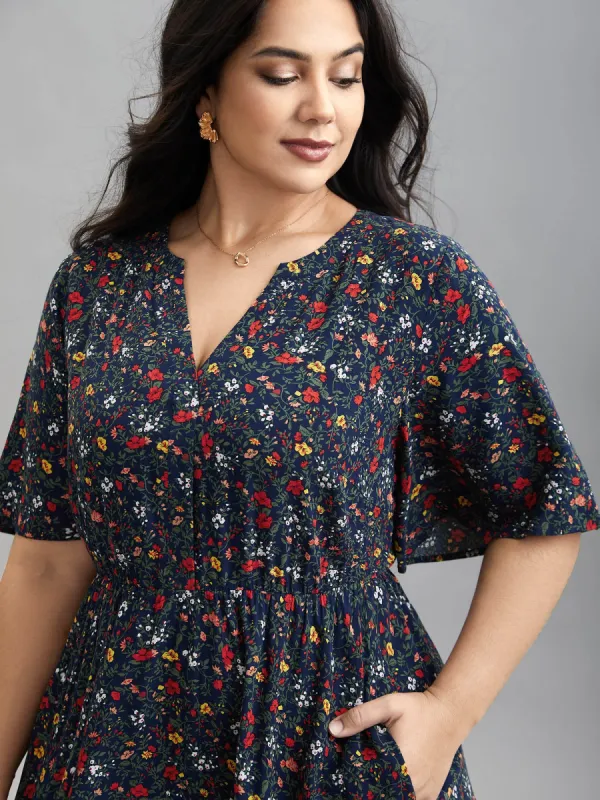 Floral Print Notched Collar Gathered Sleeve Dress sold by Bloomchic