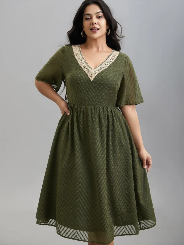 Lace V-Neck Chiffon Waist-Cinched Midi Dress sold by Bloomchic