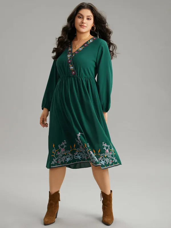 Boho Print Embroidered Wrap Lantern Sleeve Dress sold by Bloomchic