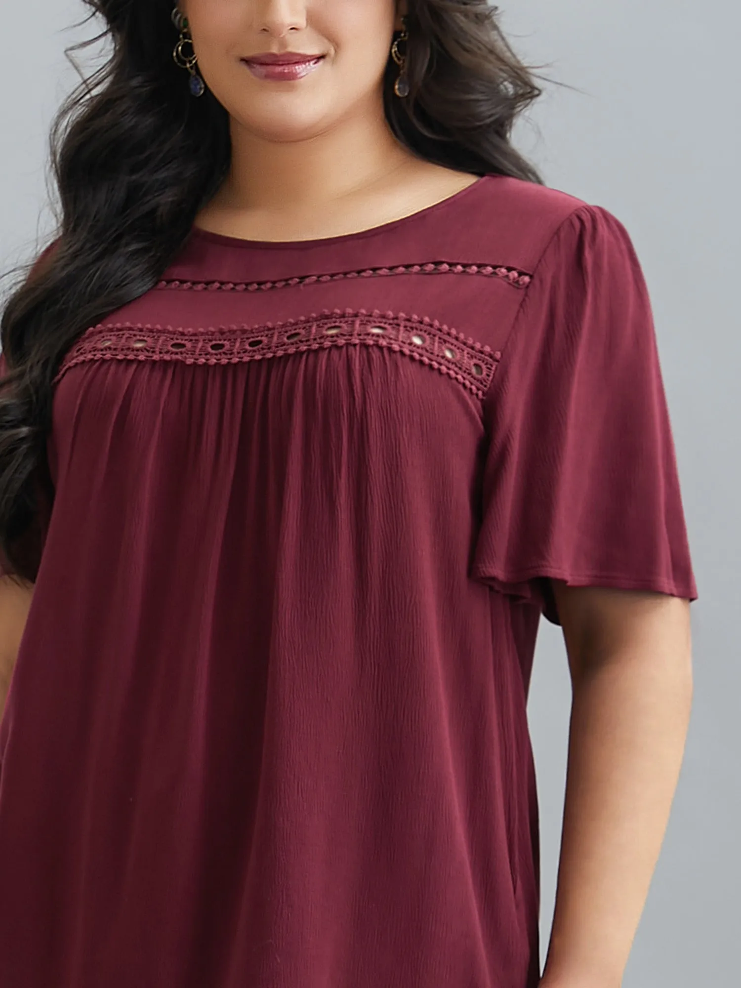 Lace Cut-Out Round Neck Pleated Shirt sold by Bloomchic product image thumbnail 5
