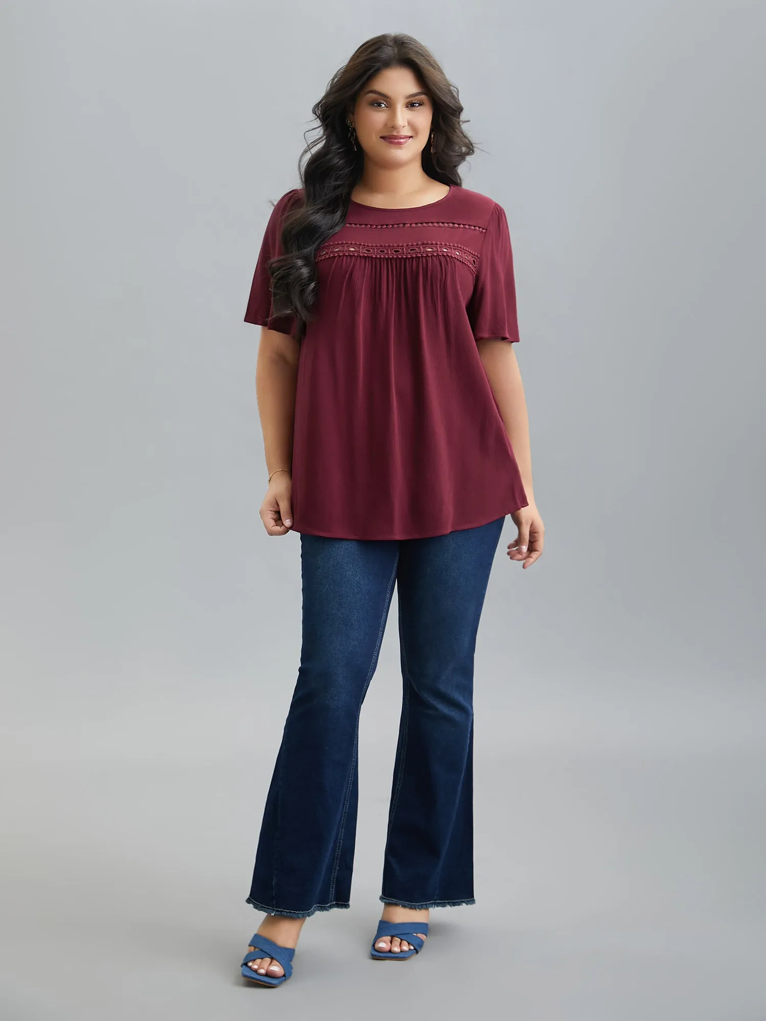 Lace Cut-Out Round Neck Pleated Shirt sold by Bloomchic product image thumbnail 3