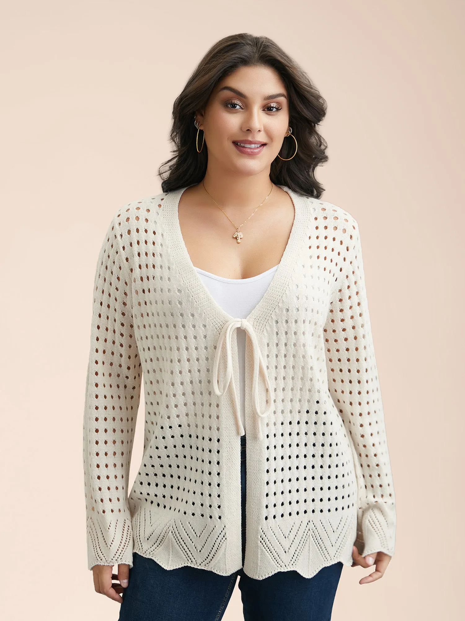 Cut-Out Neck Tie Knit Cardigan sold by Bloomchic