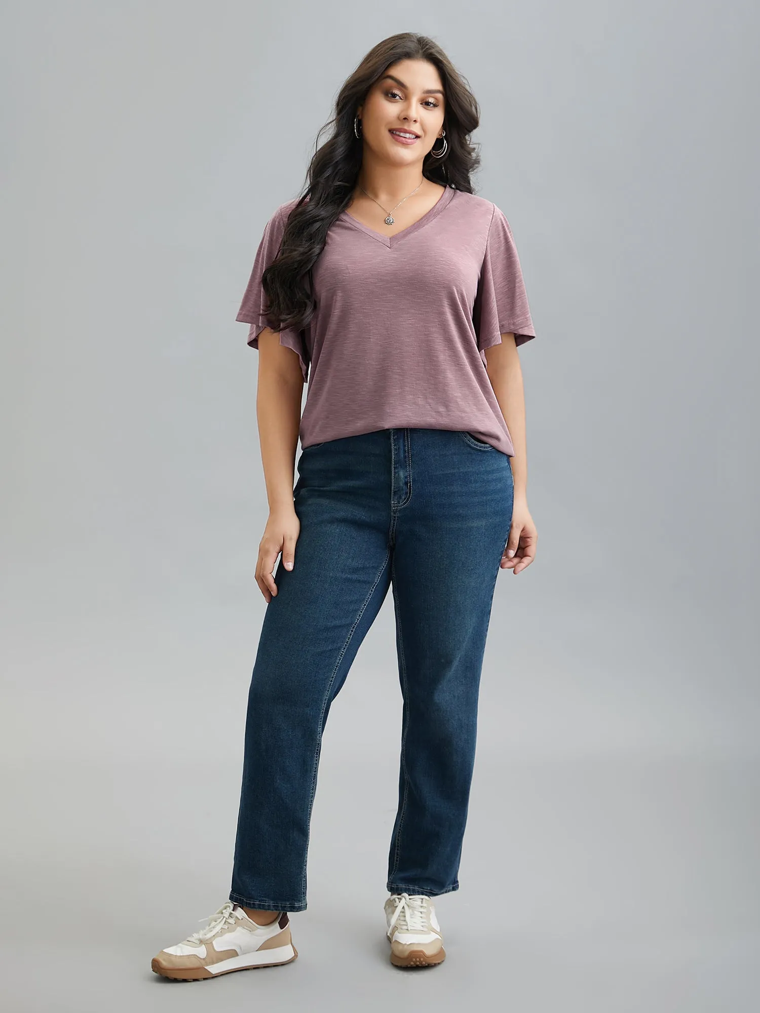 V-Neck Stretchy Flared Sleeve T-Shirt sold by Bloomchic product image thumbnail 4