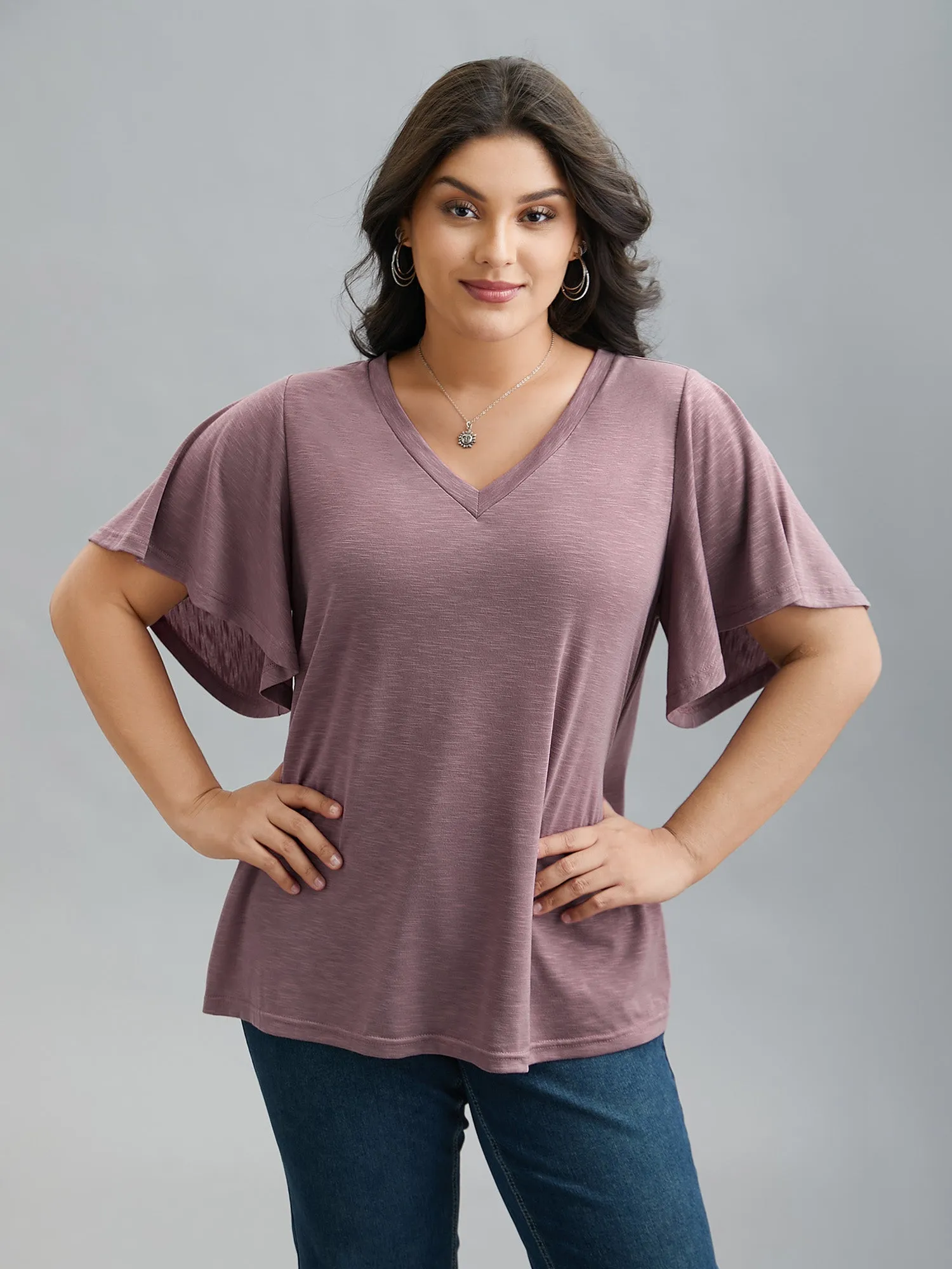 V-Neck Stretchy Flared Sleeve T-Shirt sold by Bloomchic product image thumbnail 3