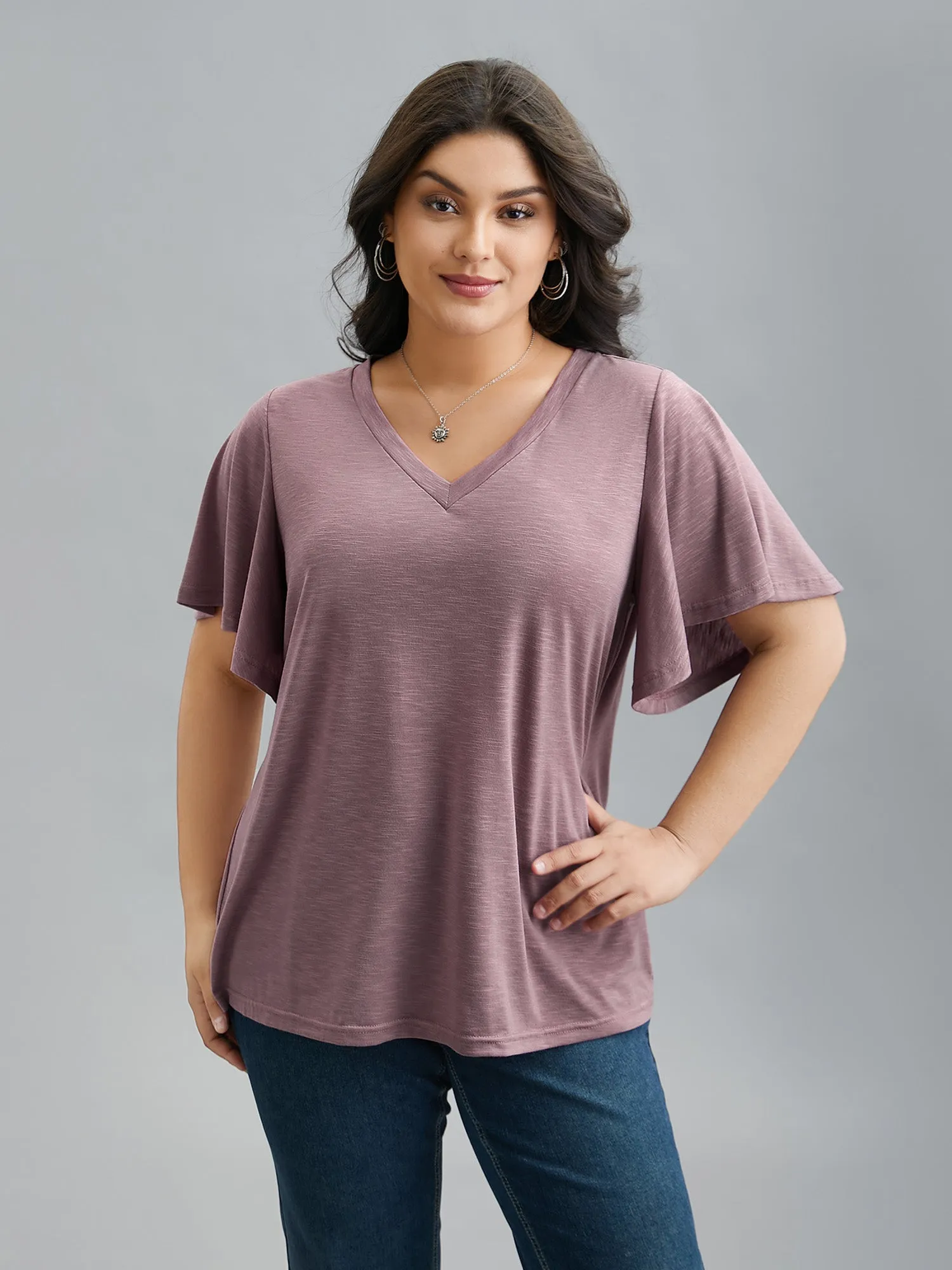 V-Neck Stretchy Flared Sleeve T-Shirt sold by Bloomchic