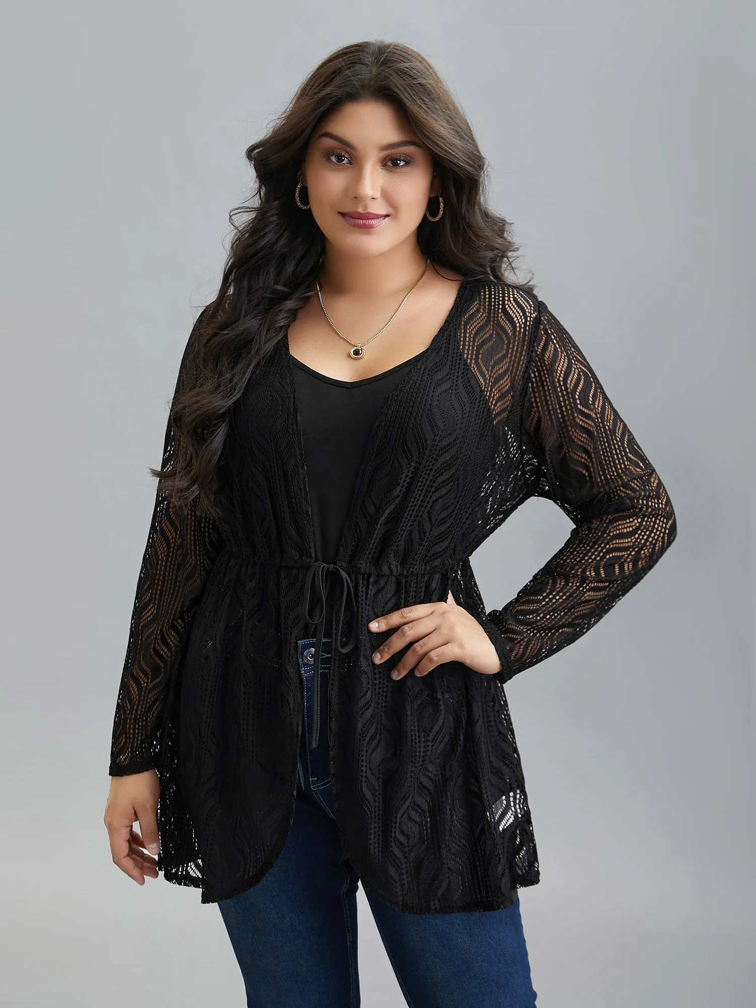 Textured Sheer Drawstring Curved Kimono sold by Bloomchic product image thumbnail 3