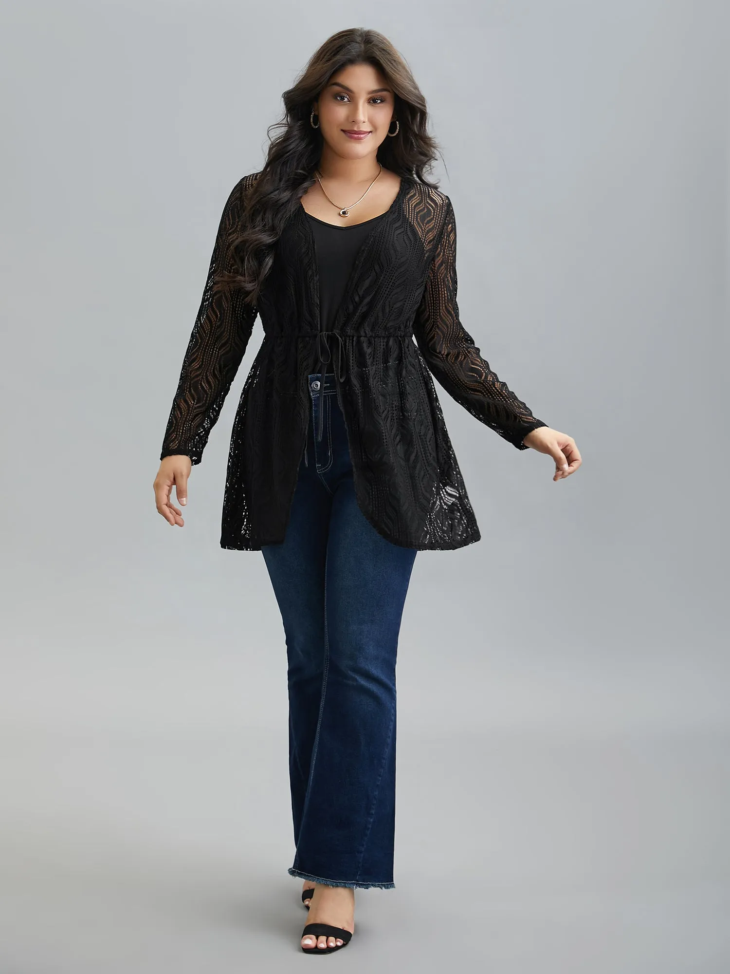 Textured Sheer Drawstring Curved Kimono sold by Bloomchic product image thumbnail 2