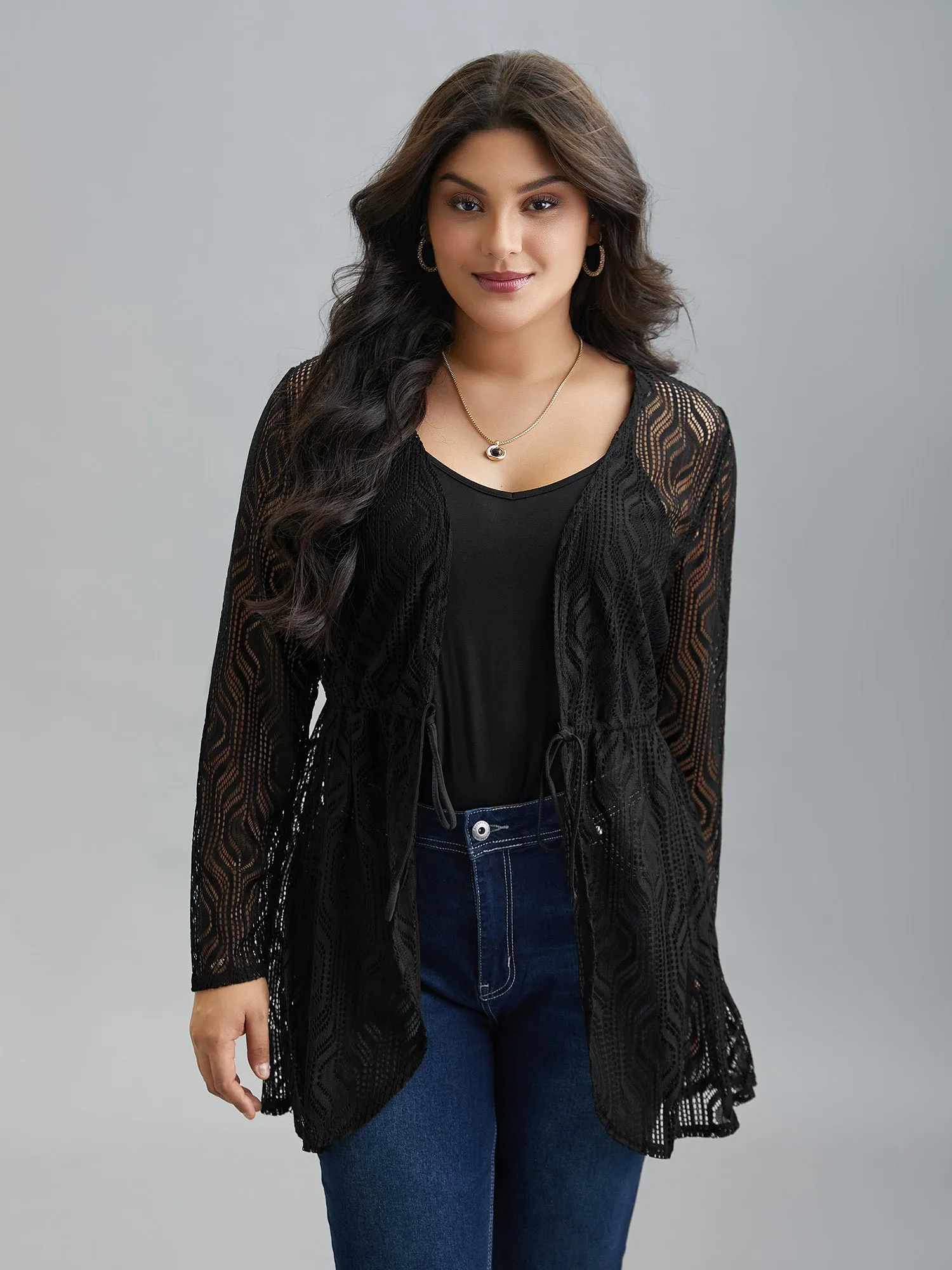 Textured Sheer Drawstring Curved Kimono sold by Bloomchic