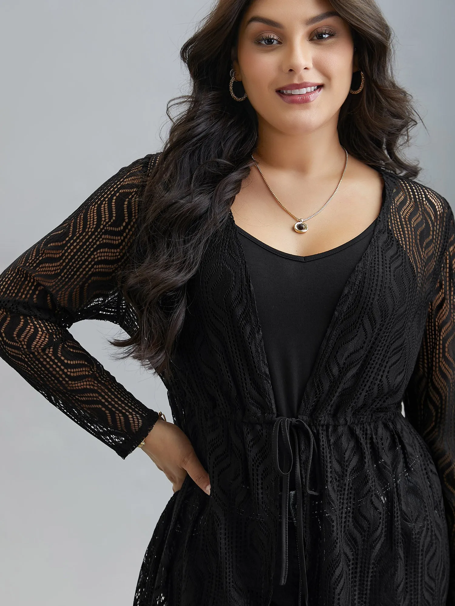 Textured Sheer Drawstring Curved Kimono sold by Bloomchic product image thumbnail 5