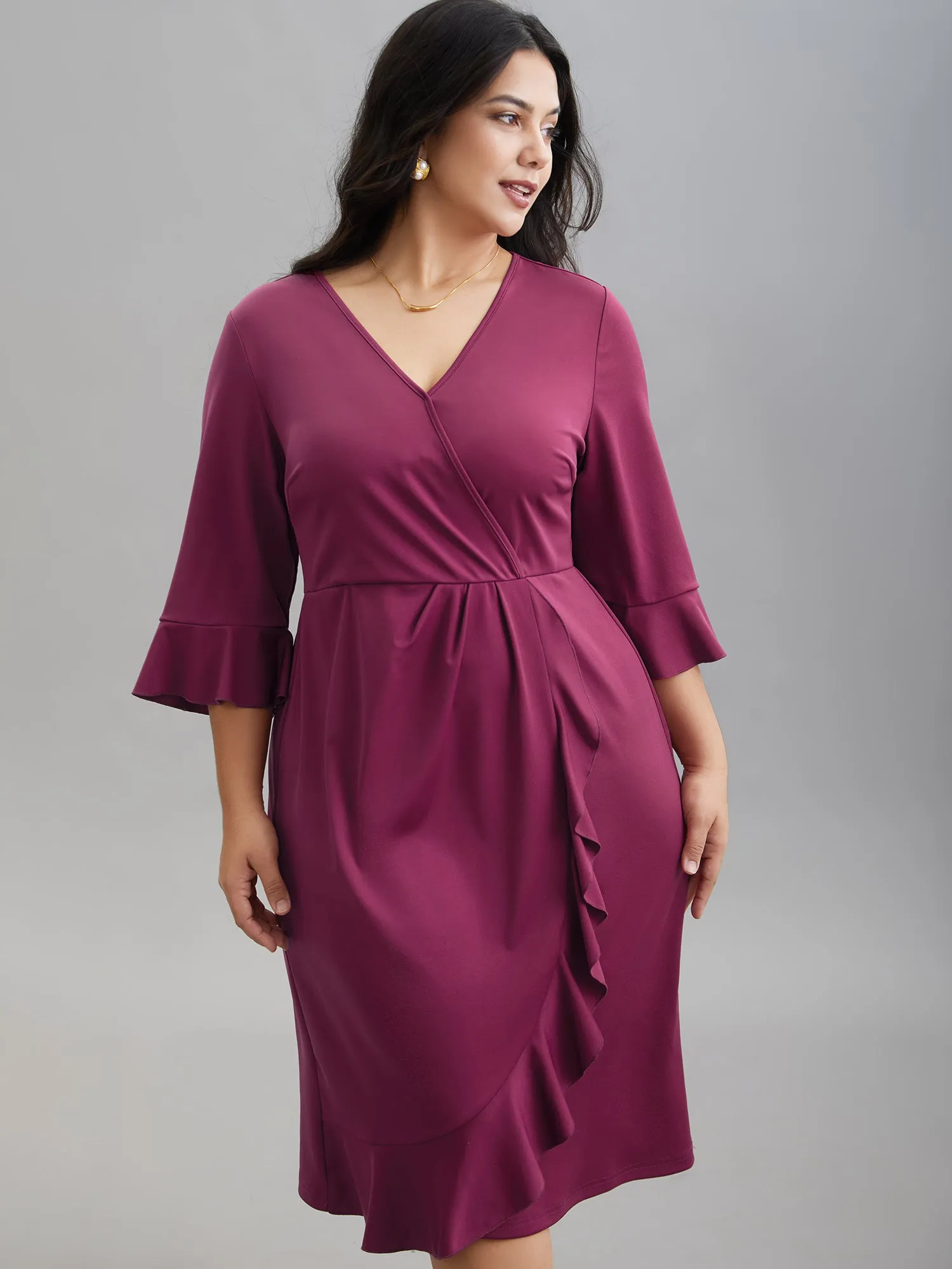Flared V-Neck Fake Wrap Midi Dress sold by Bloomchic product image thumbnail 2