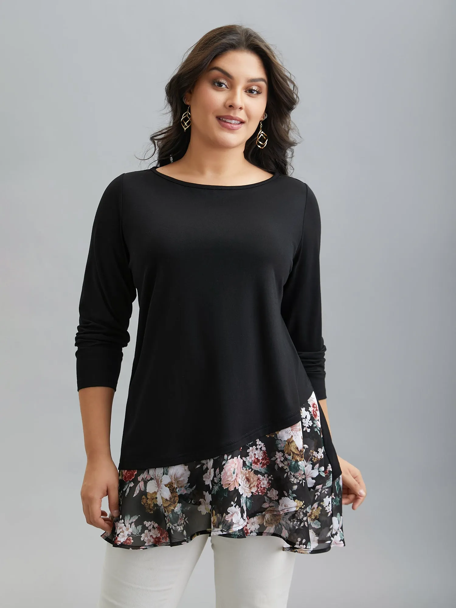 Floral Print Contrast Round Neck T-Shirt sold by Bloomchic