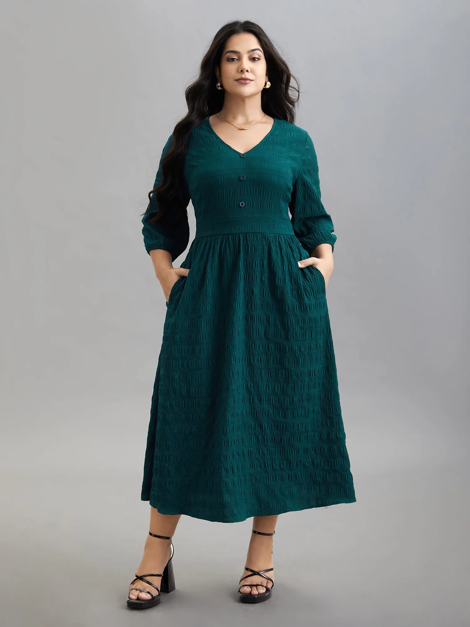 Textured Waist-Defined Button Midi Dress sold by Bloomchic product image thumbnail 4