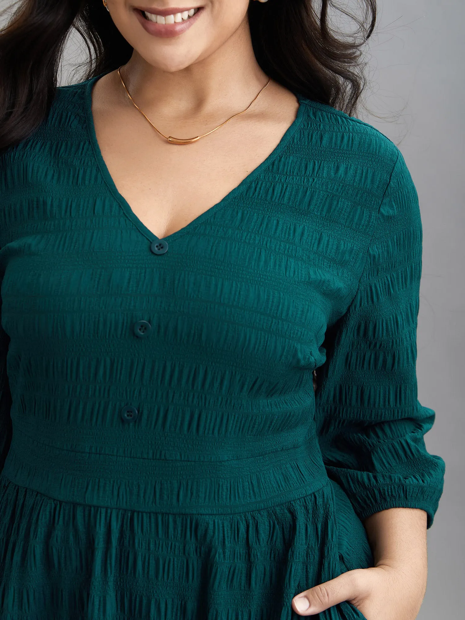 Textured Waist-Defined Button Midi Dress sold by Bloomchic product image thumbnail 2