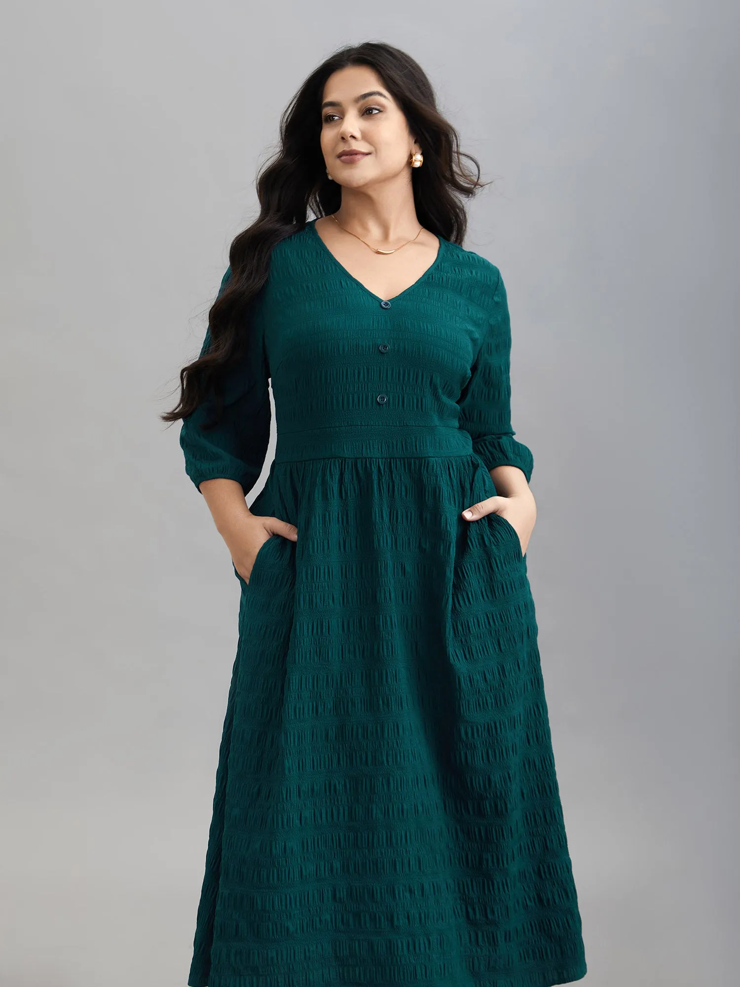 Textured Waist-Defined Button Midi Dress sold by Bloomchic