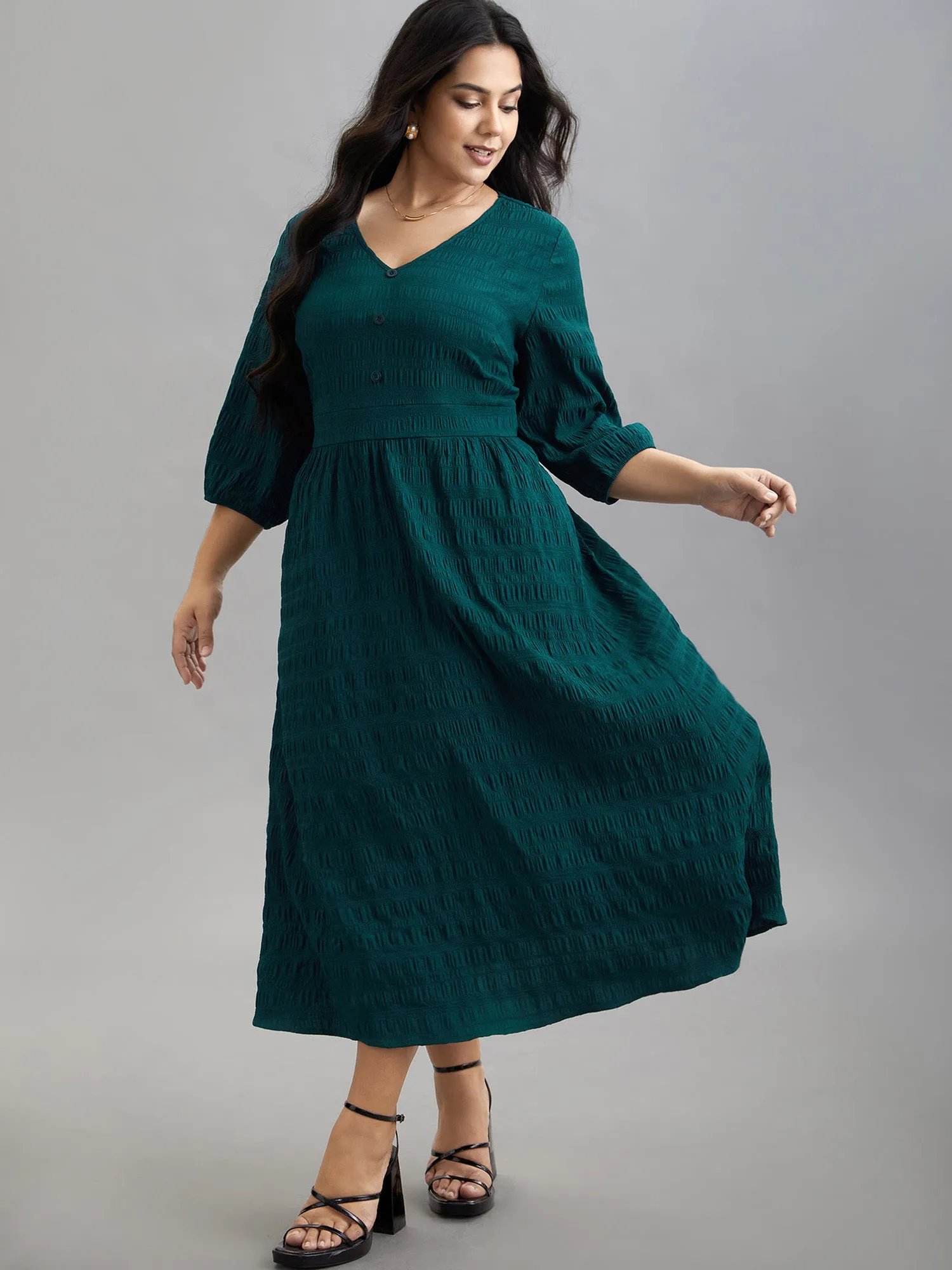 Textured Waist-Defined Button Midi Dress sold by Bloomchic product image thumbnail 3