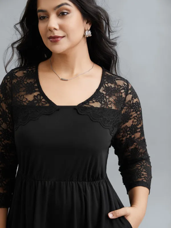 Sheer Lace Sleeve Fit and Flare Midi Dress sold by Bloomchic
