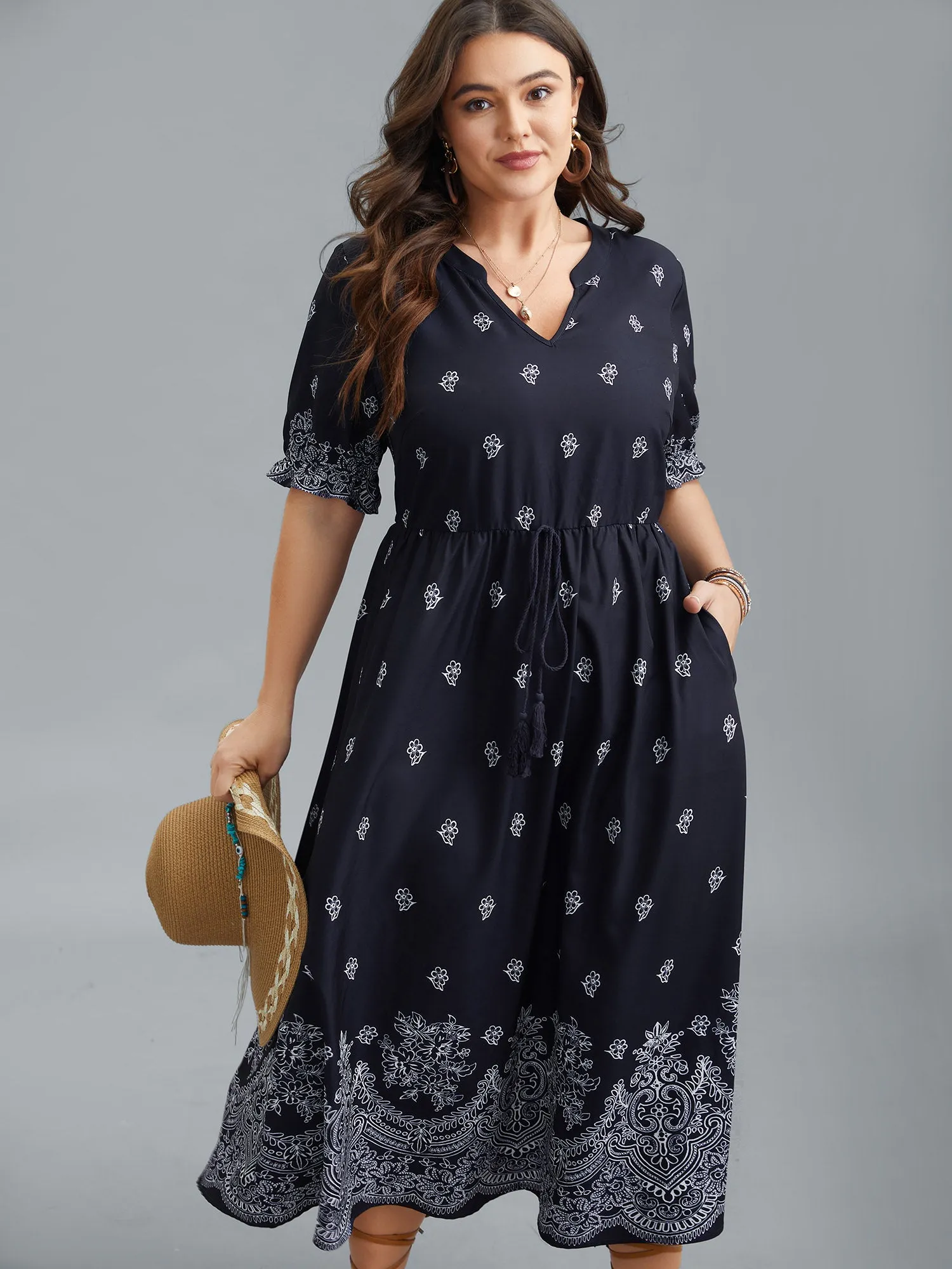 Floral Waist-Tie Notched Collar Midi Dress sold by Bloomchic