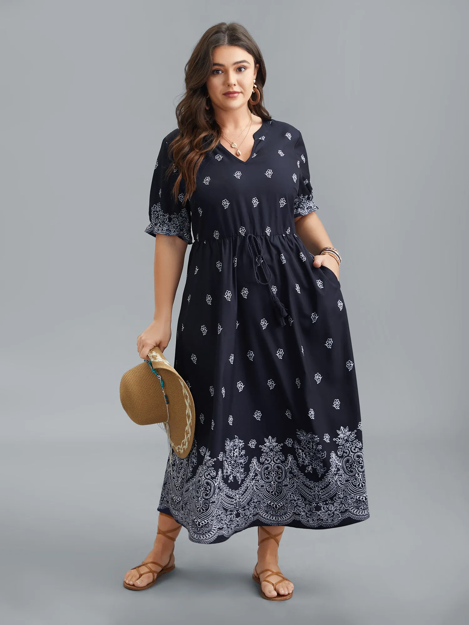 Floral Waist-Tie Notched Collar Midi Dress sold by Bloomchic product image thumbnail 4