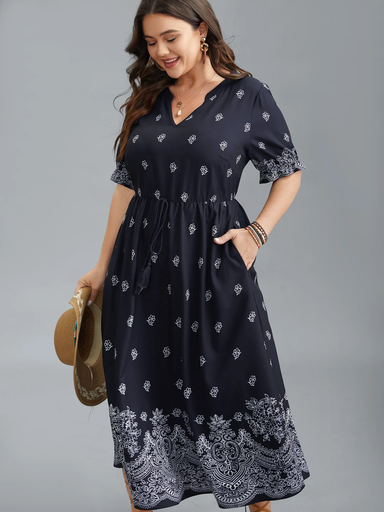 Floral Waist-Tie Notched Collar Midi Dress sold by Bloomchic product image thumbnail 3