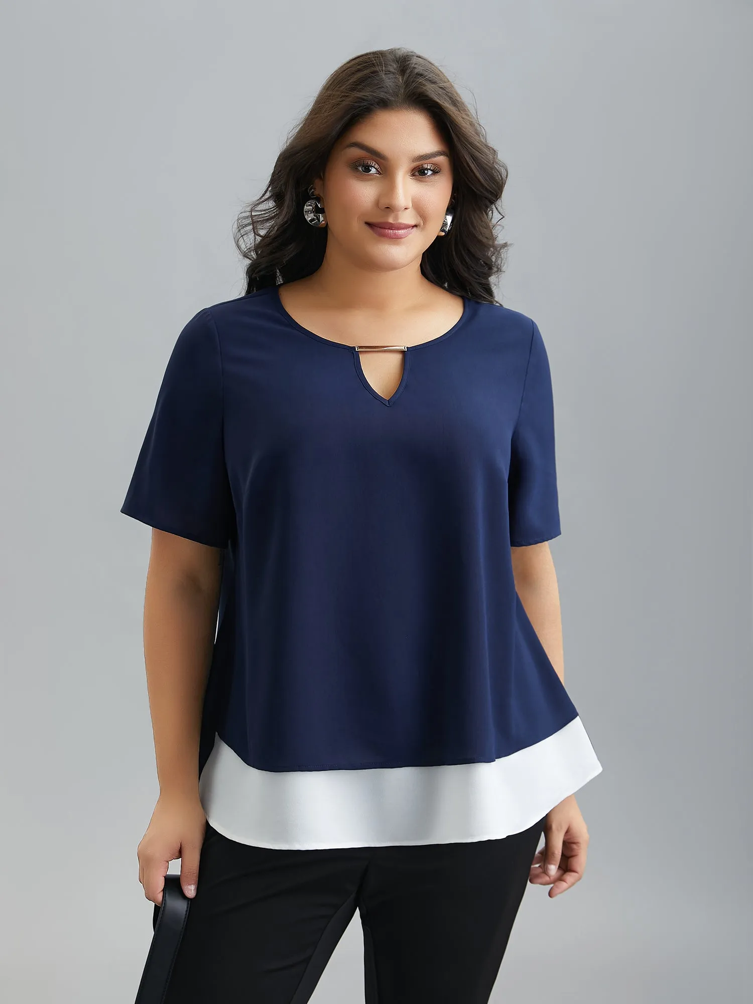 Neck Cut-Out Color Contrast Shirt sold by Bloomchic