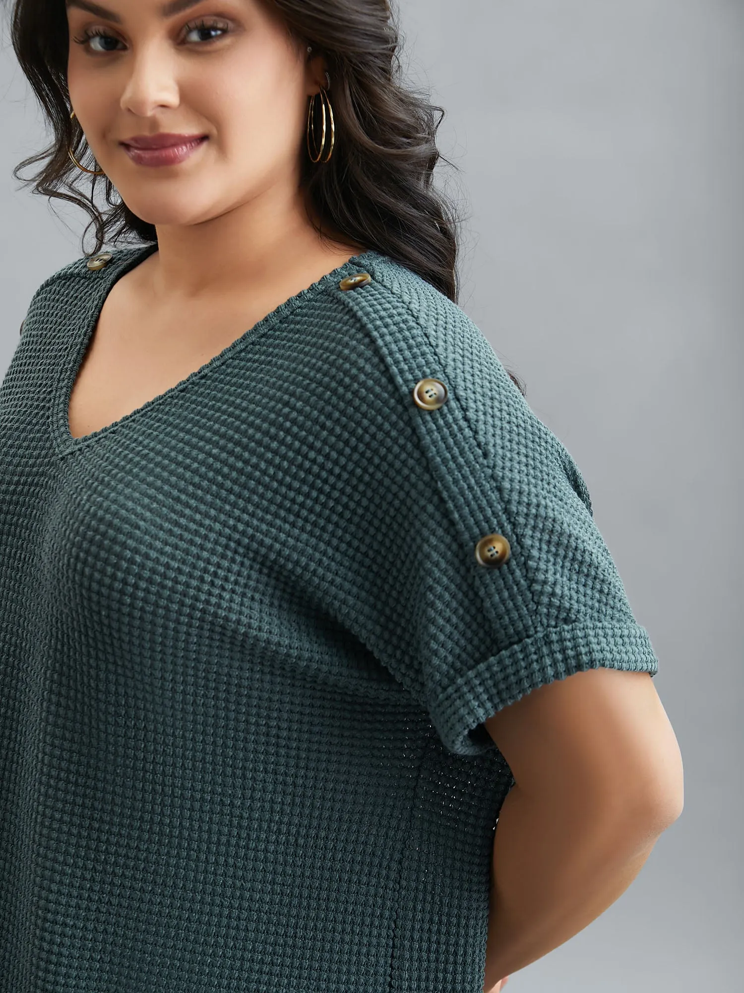 Stretchy Buttons Fitted Waffle Knit T-Shirt sold by Bloomchic product image thumbnail 5