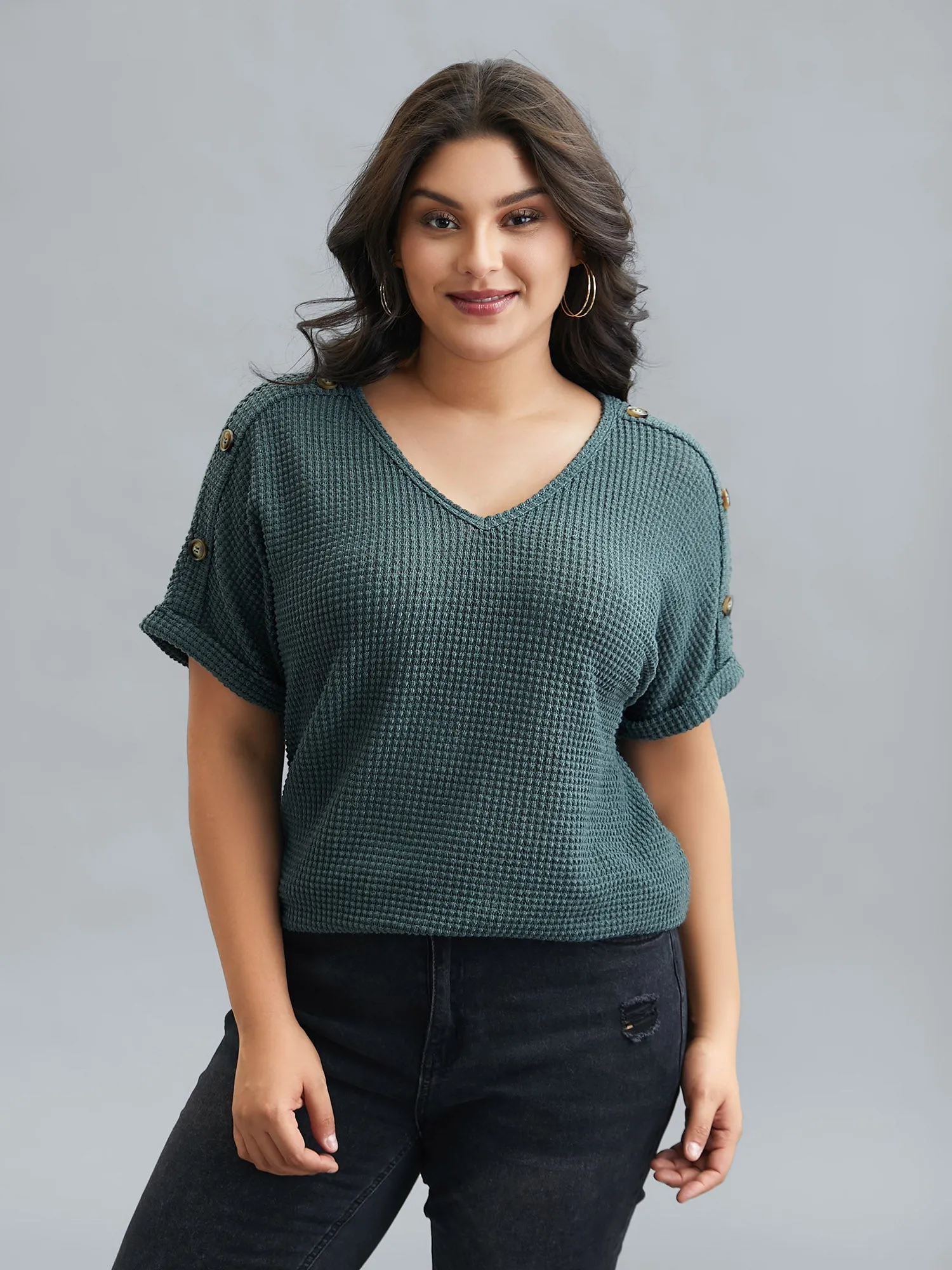 Stretchy Buttons Fitted Waffle Knit T-Shirt sold by Bloomchic product image thumbnail 2