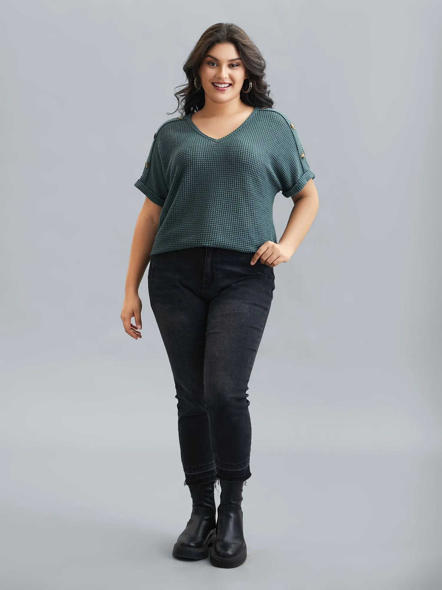 Stretchy Buttons Fitted Waffle Knit T-Shirt sold by Bloomchic product image thumbnail 4