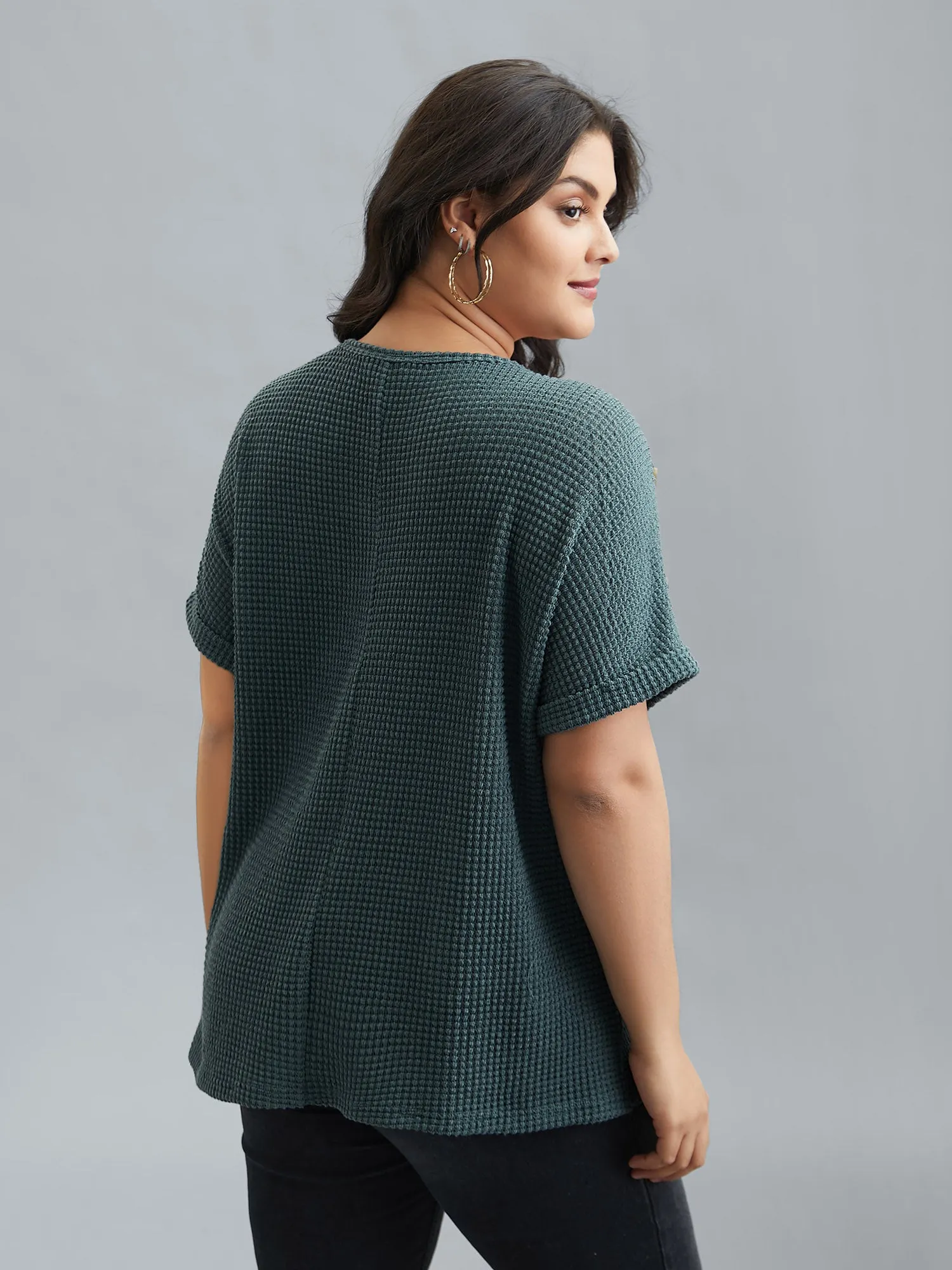 Stretchy Buttons Fitted Waffle Knit T-Shirt sold by Bloomchic product image thumbnail 3