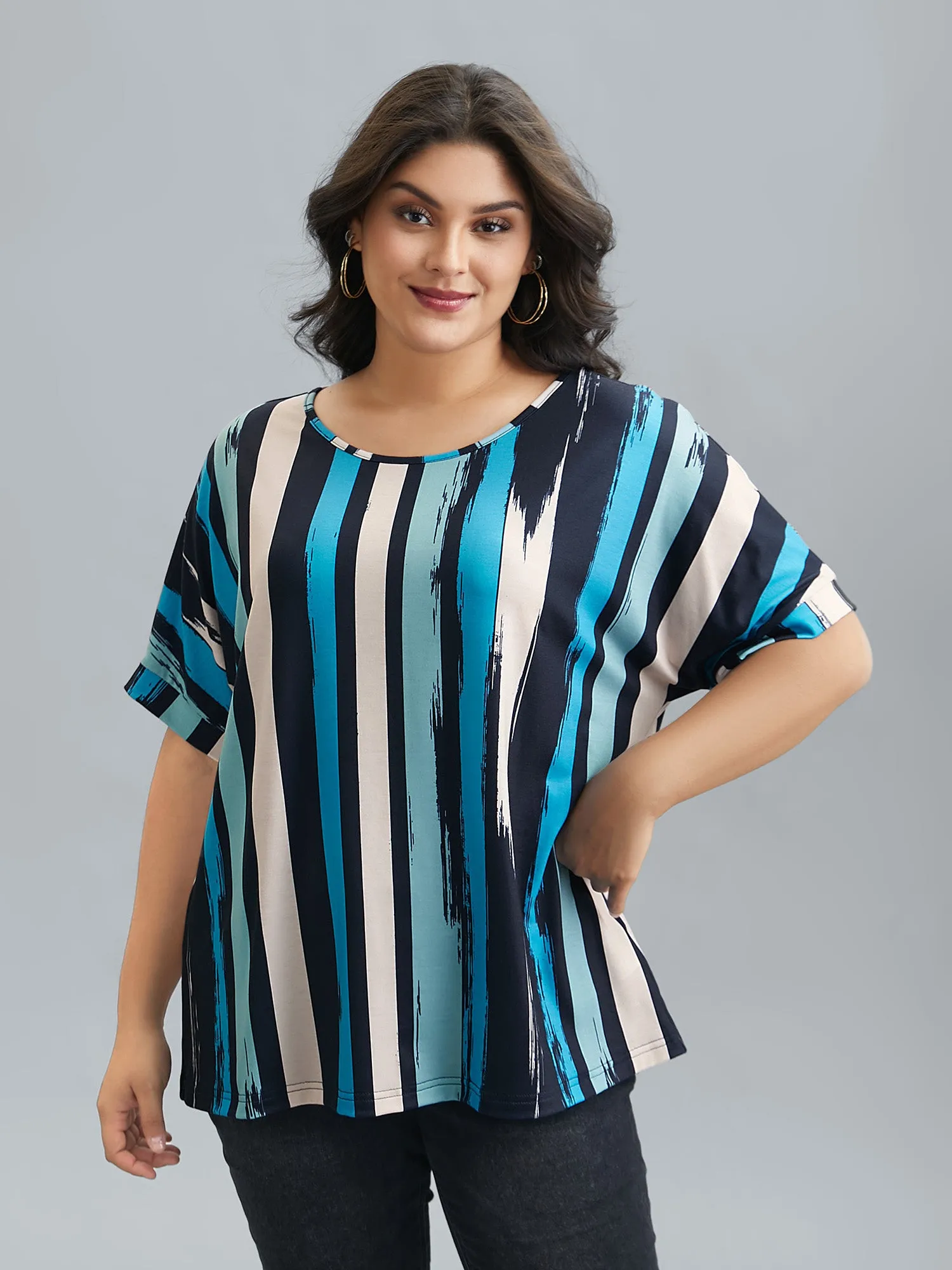 Striped Print Dolman Sleeve T-Shirt sold by Bloomchic