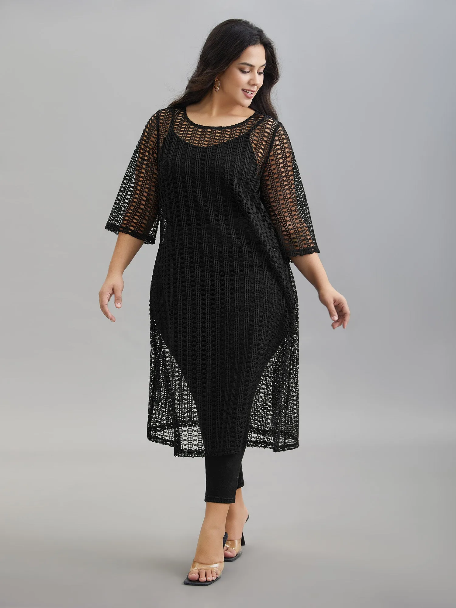 Textured Sheer Round Neck Midi Dress sold by Bloomchic