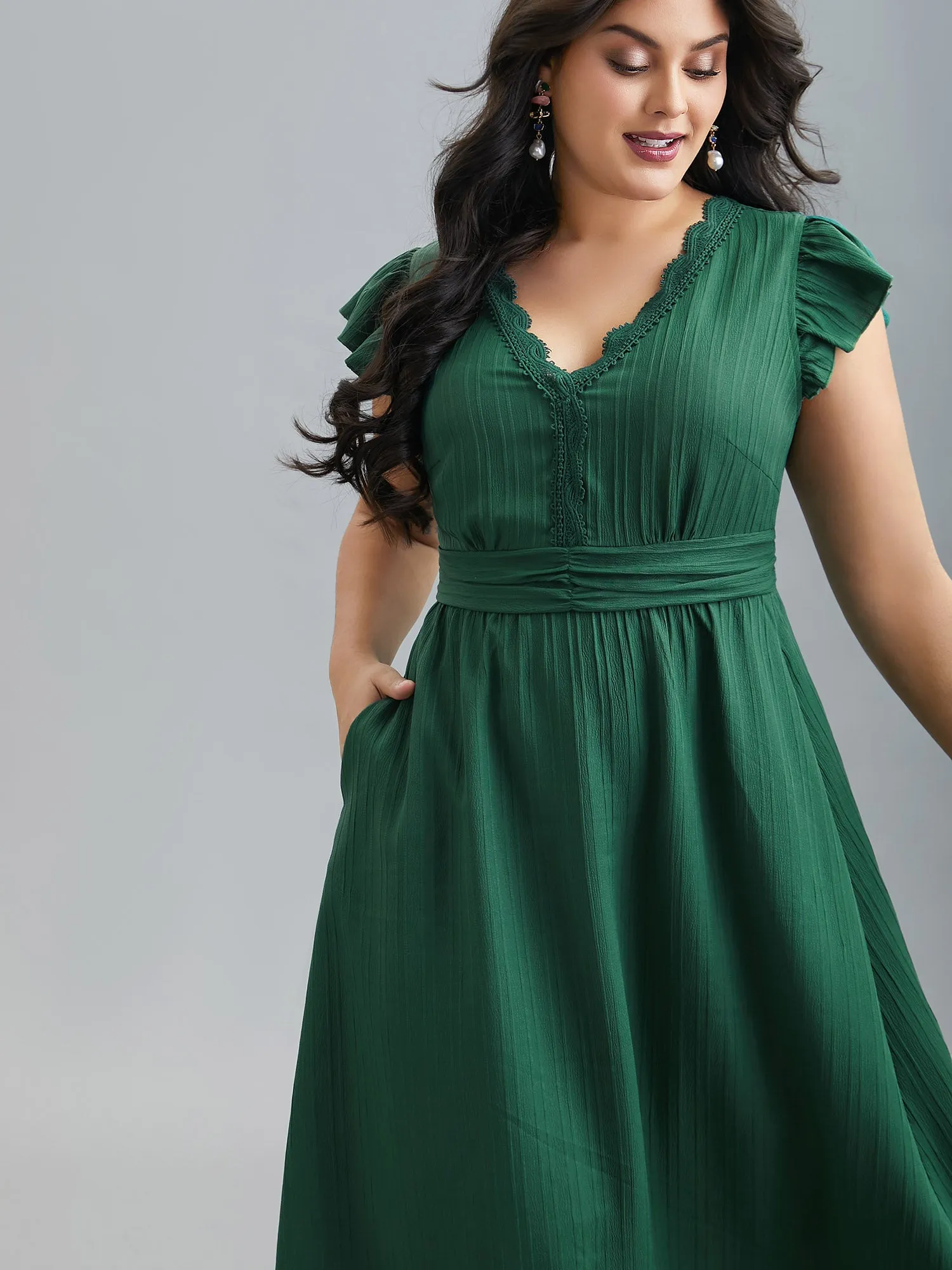 Lace Trim Stitch Textured Waist-Defined Midi Dress sold by Bloomchic product image thumbnail 5