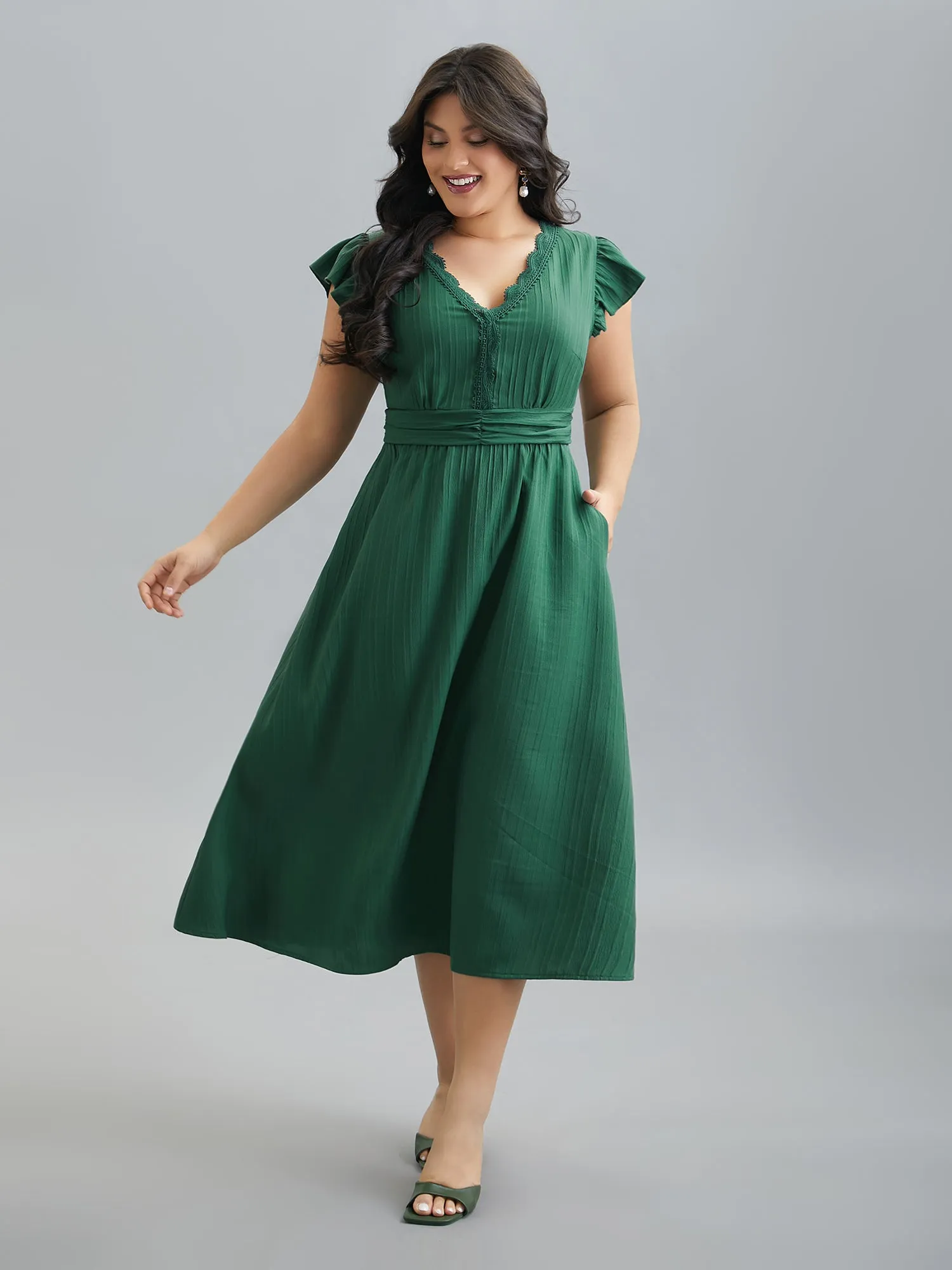 Lace Trim Stitch Textured Waist-Defined Midi Dress sold by Bloomchic product image thumbnail 3