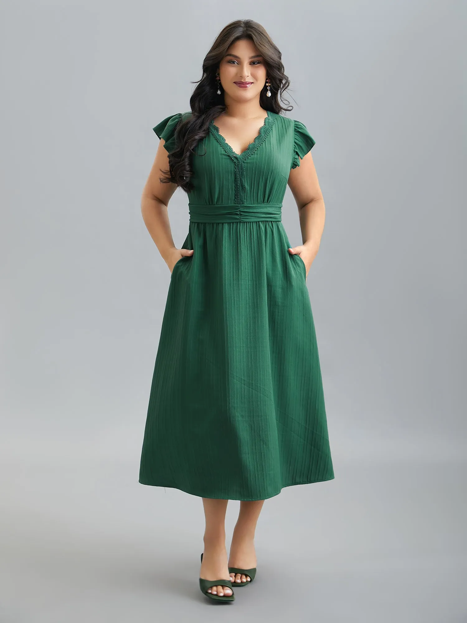 Lace Trim Stitch Textured Waist-Defined Midi Dress sold by Bloomchic product image thumbnail 2