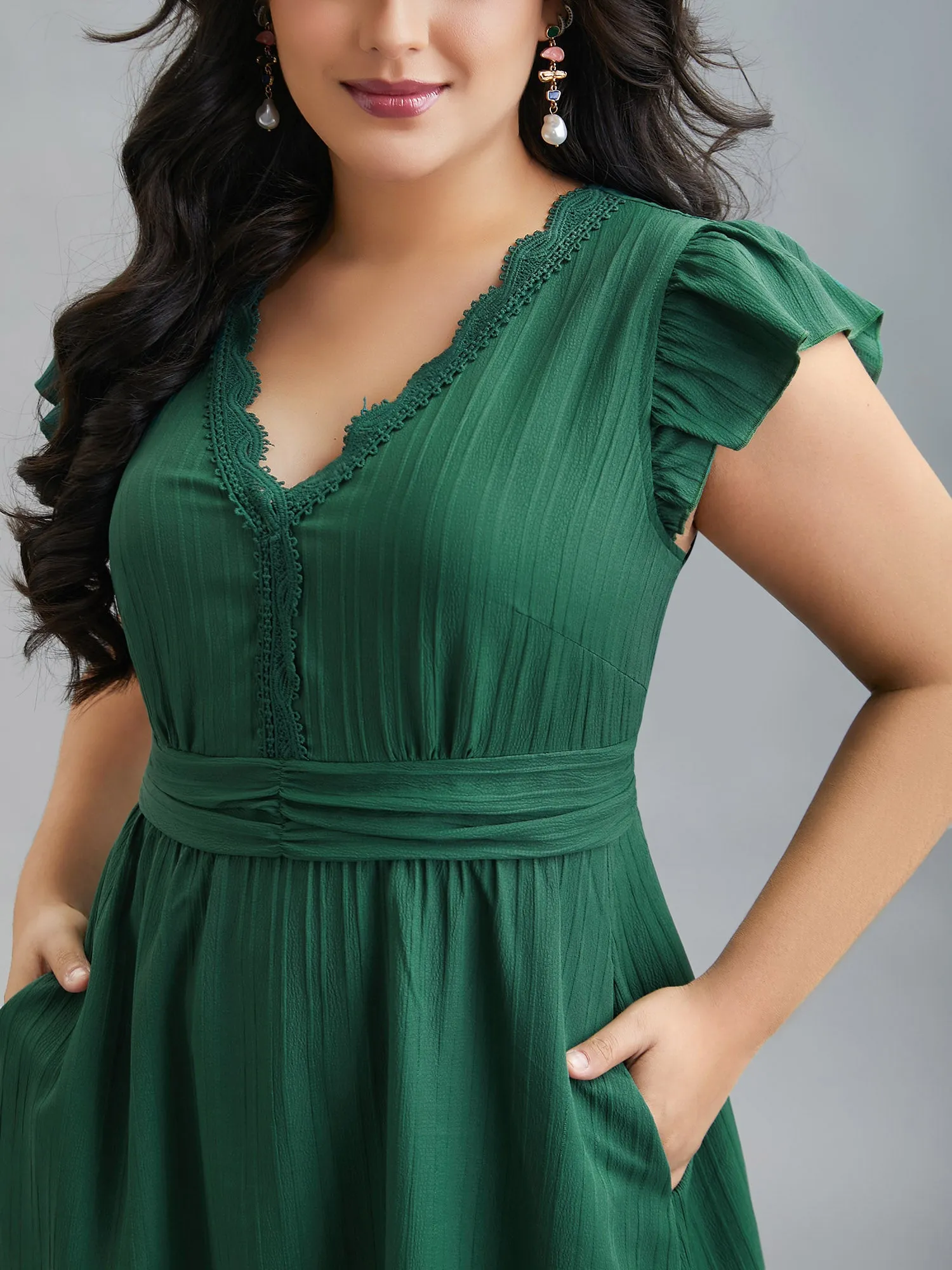 Lace Trim Stitch Textured Waist-Defined Midi Dress sold by Bloomchic