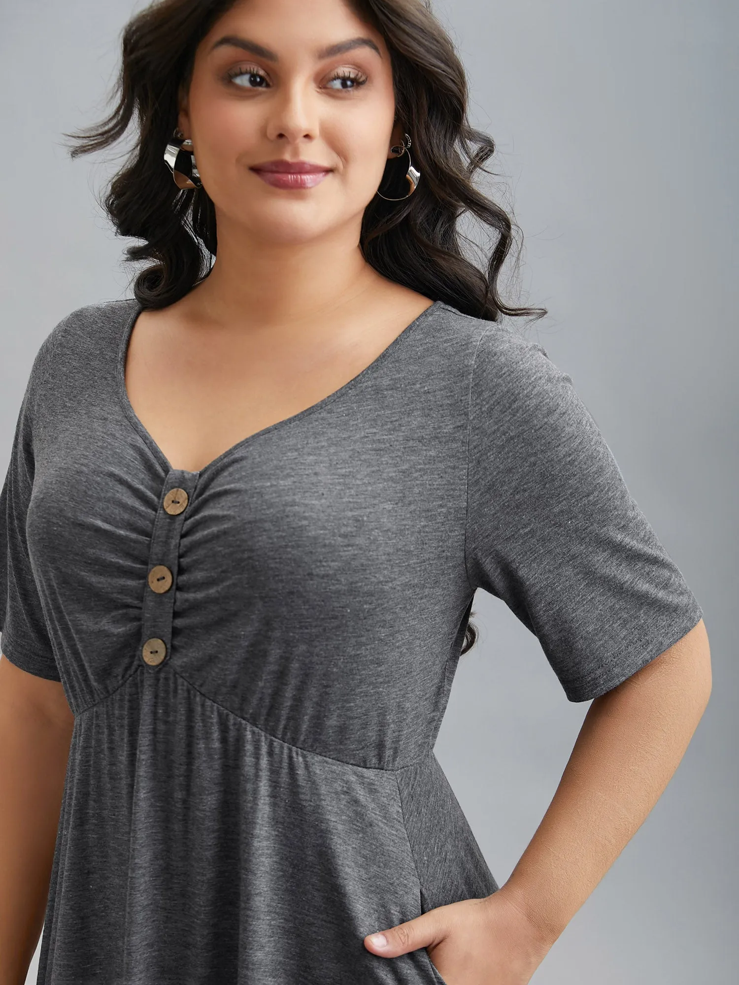 Gathered Button Detail Plain Knit Dress sold by Bloomchic product image thumbnail 3