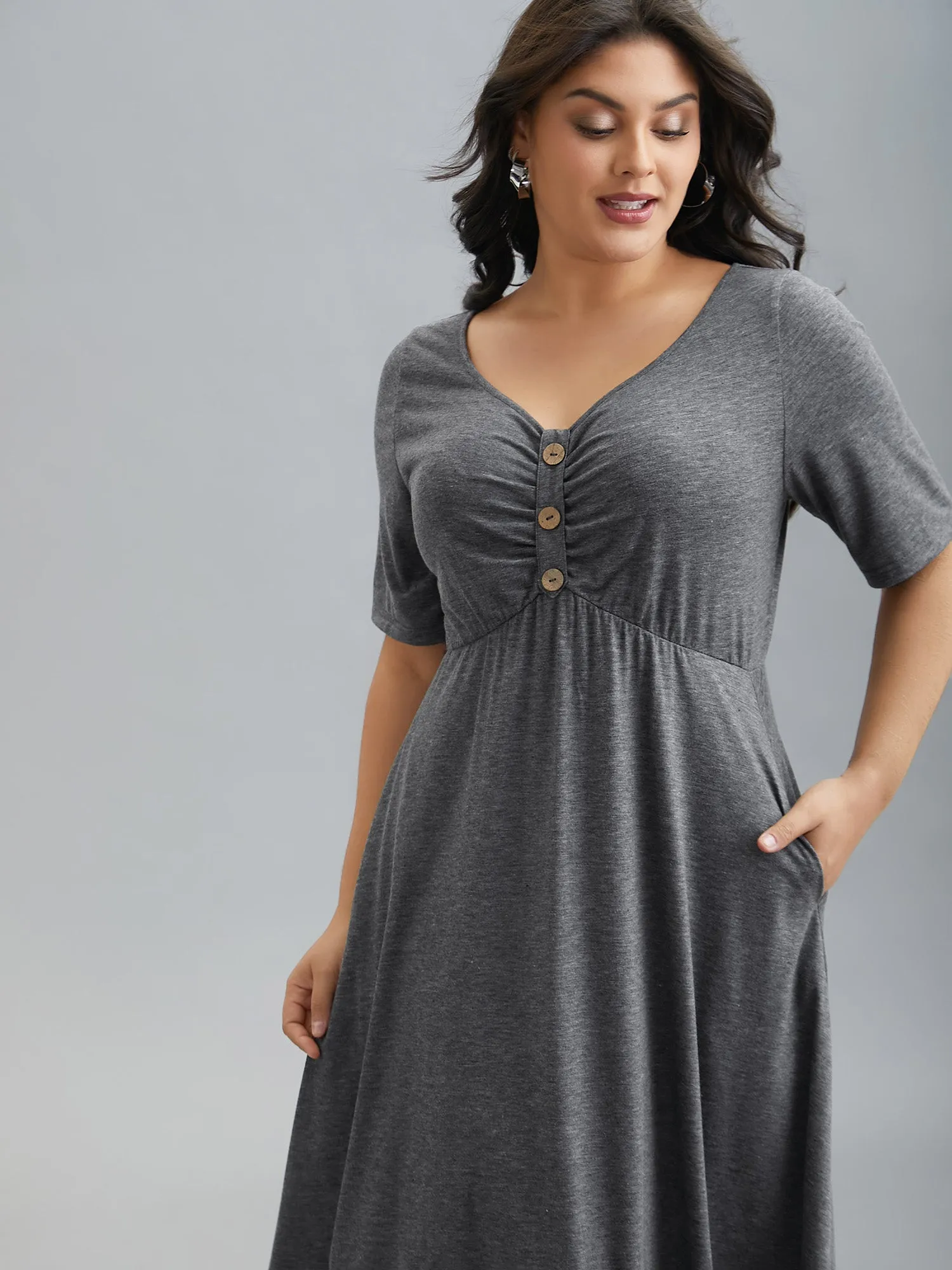 Gathered Button Detail Plain Knit Dress sold by Bloomchic