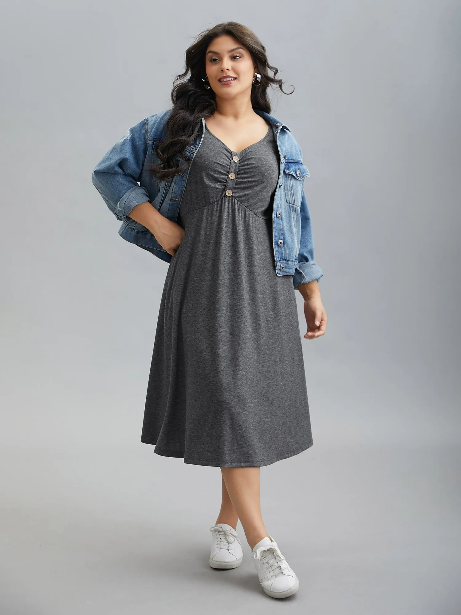 Gathered Button Detail Plain Knit Dress sold by Bloomchic product image thumbnail 2